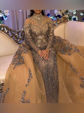 Fully Beaded and Embellished Nude/Silver/Blue Evening Gown/Engagement Dress